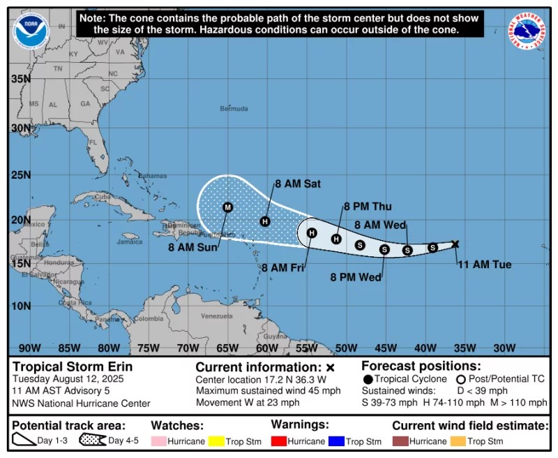 Tropical Storm Erin could become the first Atlantic hurricane of the 2025 season